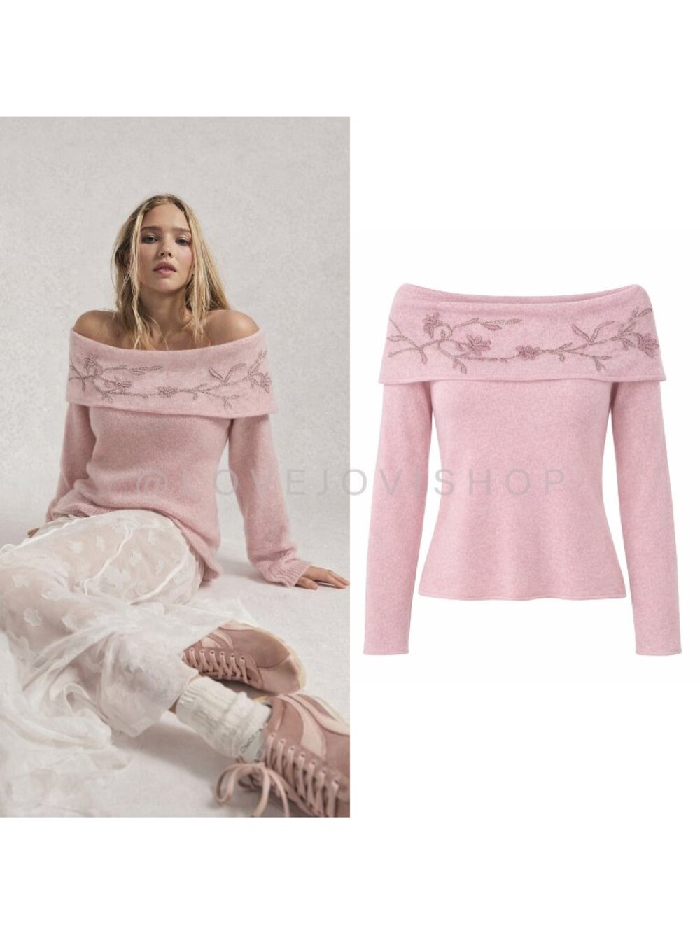 Sweater | Angora Off Shoulder Knit Beaded Embroidered Floral Mauve | Feminine L